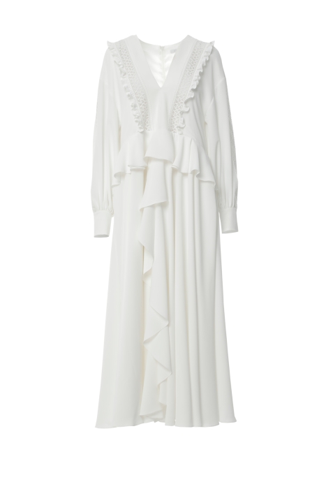 Gizia Embroidered Pleated Ecru Dress With Collar Detail. 5