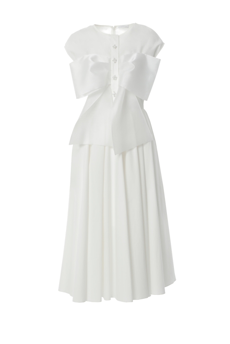 Gizia Embroidered Ecru Dress with Bow Detail. 5