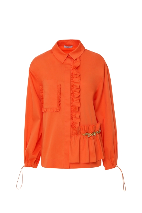 Gizia Asymmetric Embroidered Orange Shirt With Ruffle Detail. 4