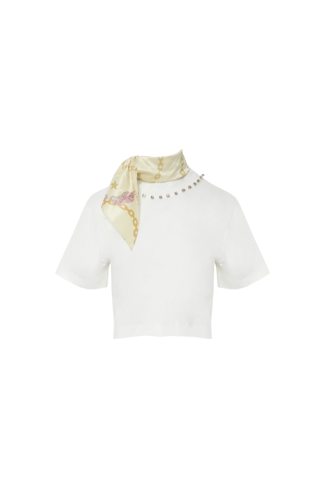 Gizia Tarot Pattern Scarf Detailed Collar Embroidered Ecru Tshirt. 4