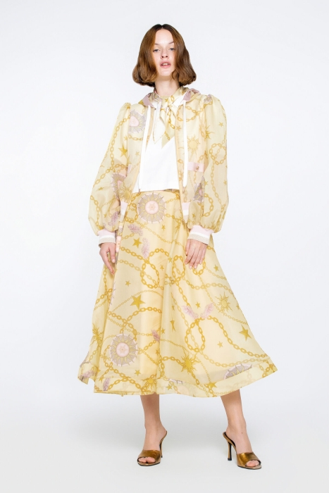 Gizia Hooded Patterned Organza Jacket With Ribband Detail At The Hem And Cuffs. 1