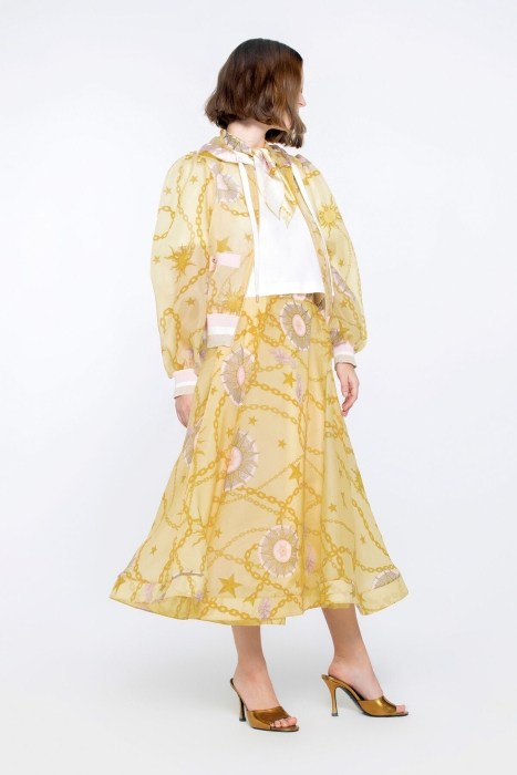 Gizia Hooded Patterned Organza Jacket With Ribband Detail At The Hem And Cuffs. 4