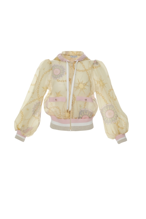 Gizia Hooded Patterned Organza Jacket With Ribband Detail At The Hem And Cuffs. 6