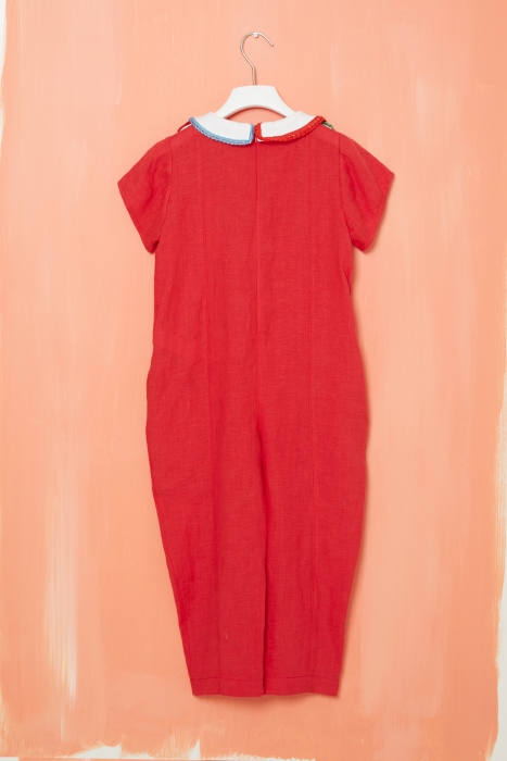 Gizia Red Linen Jumpsuit with Peter Pan Collar Stripe. 2 Gizia Red Linen Jumpsuit with Peter Pan Collar Stripe. 2