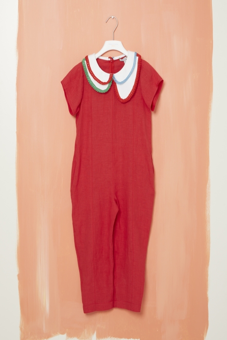Gizia Red Linen Jumpsuit with Peter Pan Collar Stripe. 1