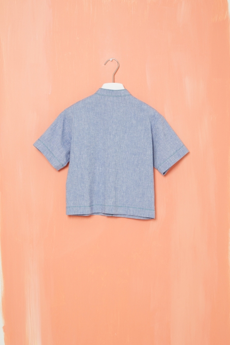 Gizia Short Sleeved Blue Shirt With Embroidery Detail Judge Collar. 2