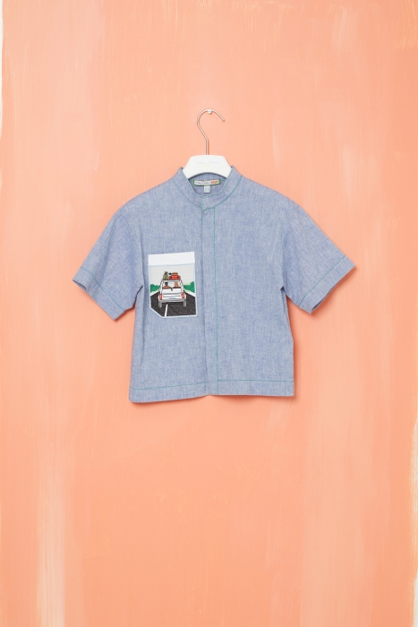 Gizia Short Sleeved Blue Shirt With Embroidery Detail Judge Collar. 1
