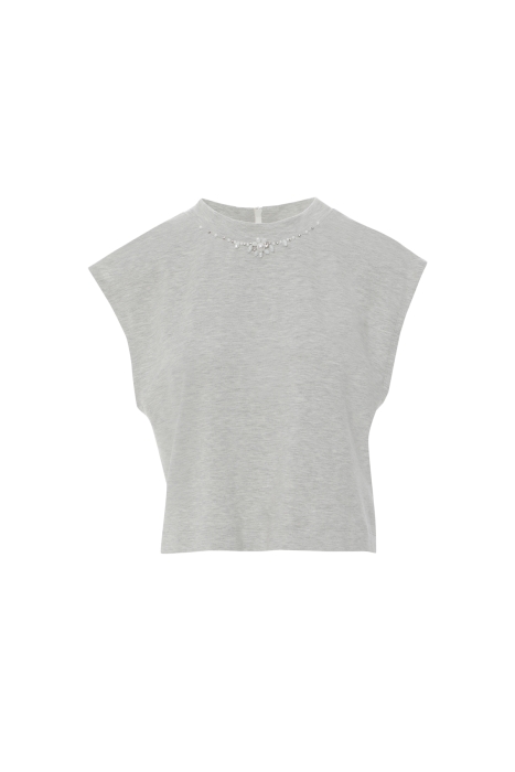 Gizia Grey Sleeveless Blouse with Zipper Back and Embroidered Collar. 4
