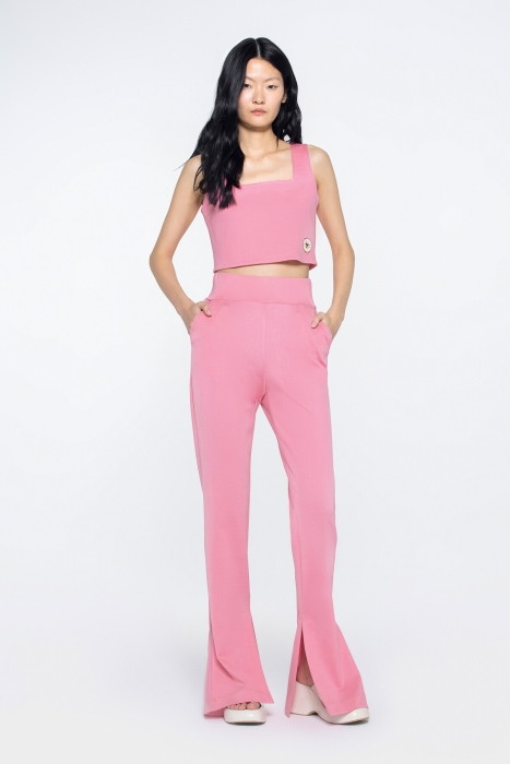 Gizia Flarre Legs Pink Trousers with Slit Detail. 1