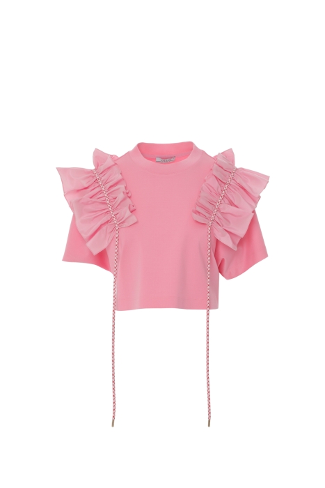 Gizia Short Sleeve Pink Tshirt With Ruffle And Cord Trim. 5