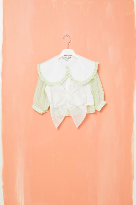 Gizia Baby Neckline With Bow Detail Poplin Organza Mixed White Blouse. 1