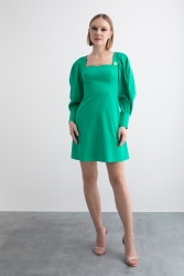 Gizia Green Mini Dress With Heart Collar Watermelon Sleeve Detail Daisy Printed Brooch. 3