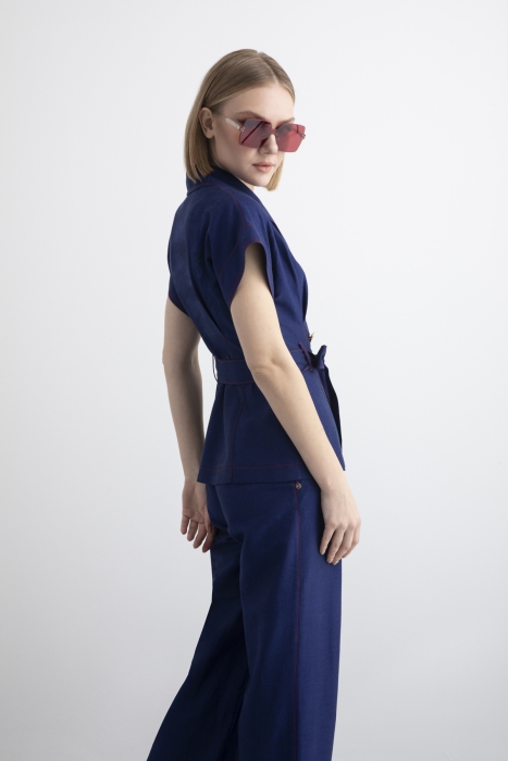 Gizia Navy Blue Suit with Belt Detail Vest and Trousers. 6