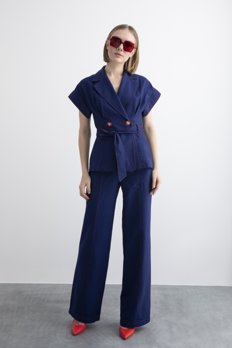Gizia Navy Blue Suit with Belt Detail Vest and Trousers. 1
