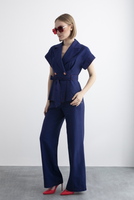Gizia Navy Blue Suit with Belt Detail Vest and Trousers. 2