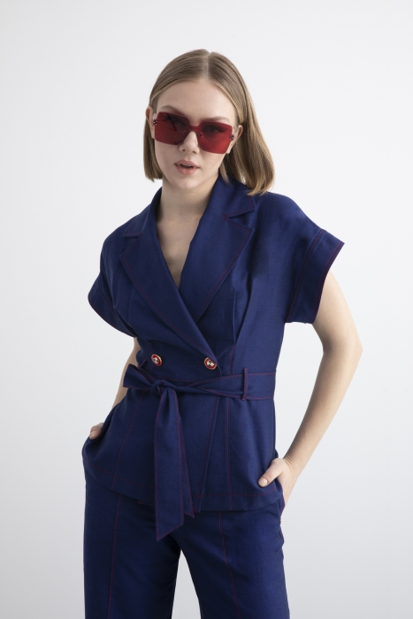 Gizia Navy Blue Suit with Belt Detail Vest and Trousers. 4