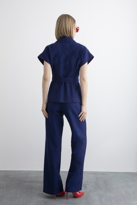 Gizia Navy Blue Suit with Belt Detail Vest and Trousers. 5