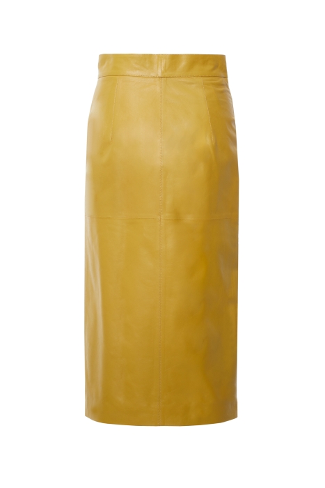 Gizia Yellow Leather Midi Length Skirt With Front Middle Zipper. 1