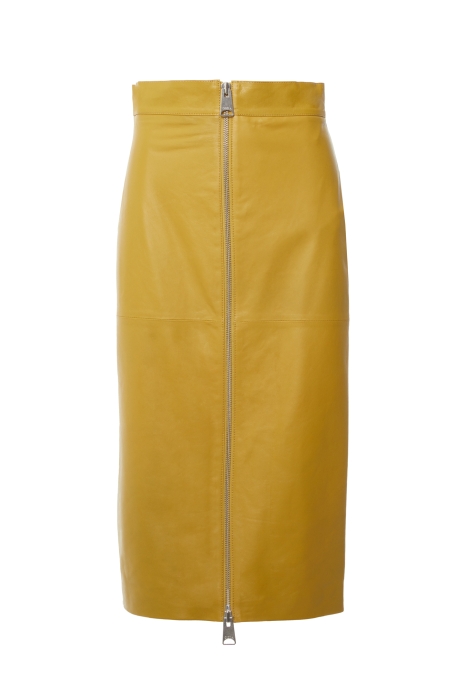 Gizia Yellow Leather Midi Length Skirt With Front Middle Zipper. 3