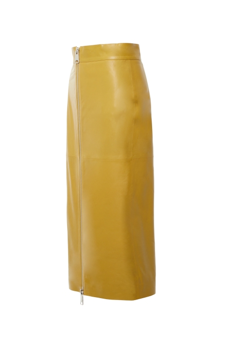 Gizia Yellow Leather Midi Length Skirt With Front Middle Zipper. 2