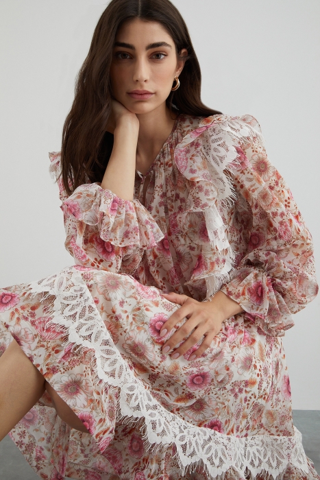 Gizia Floral Chiffon Dress With Lace Detail Collar With Tassel Lace. 1