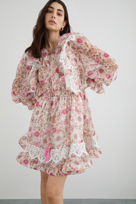 Gizia Floral Chiffon Dress With Lace Detail Collar With Tassel Lace. 2