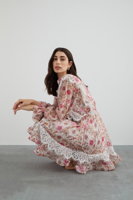 通販 送料無料  Chiffon Floral Dress Tassel With Collar Detail Lace With カットソー(長袖/七分)