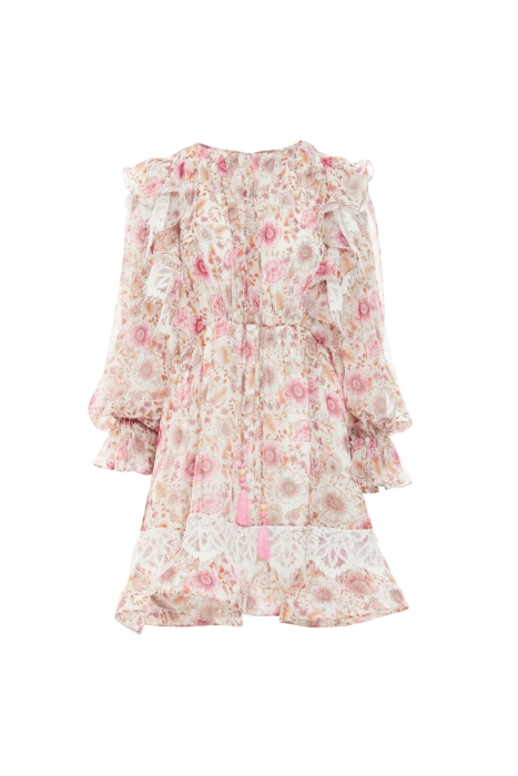 Gizia Floral Chiffon Dress With Lace Detail Collar With Tassel Lace. 6