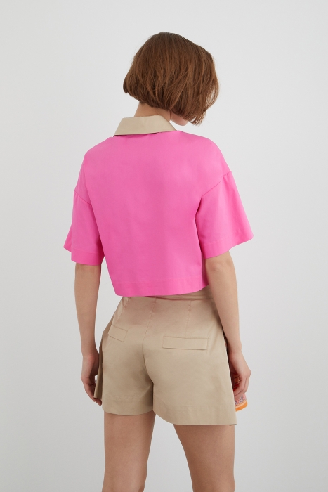 Gizia Pink Cotton Shirt With Embroidery Detail Front Zipper. 3