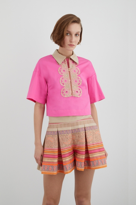 Gizia Pink Cotton Shirt With Embroidery Detail Front Zipper. 2