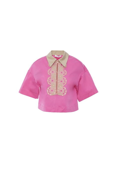 Gizia Pink Cotton Shirt With Embroidery Detail Front Zipper. 4
