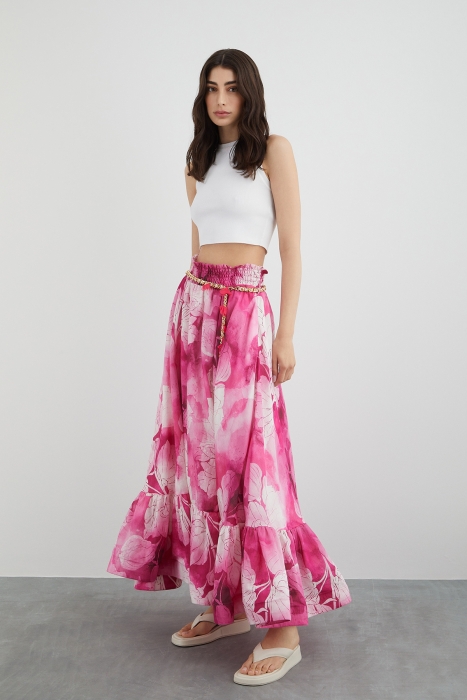 Gizia Long Pink Skirt With Chain Belt Lining With Floral Detail. 2