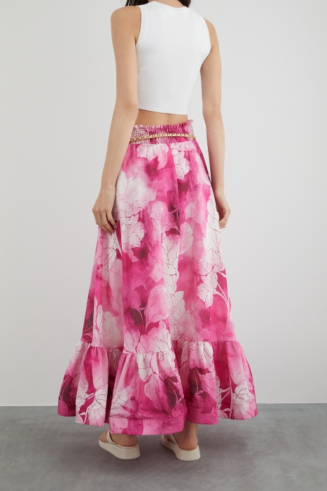 Gizia Long Pink Skirt With Chain Belt Lining With Floral Detail. 4