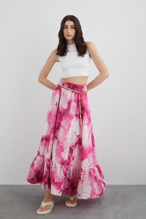 Gizia Long Pink Skirt With Chain Belt Lining With Floral Detail. 1