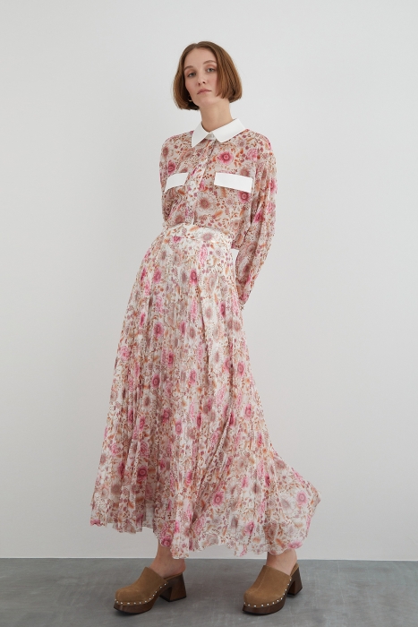 Gizia Long Floral Chiffon Ecru Skirt. 1