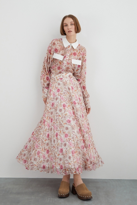 Gizia Long Floral Chiffon Ecru Skirt. 2
