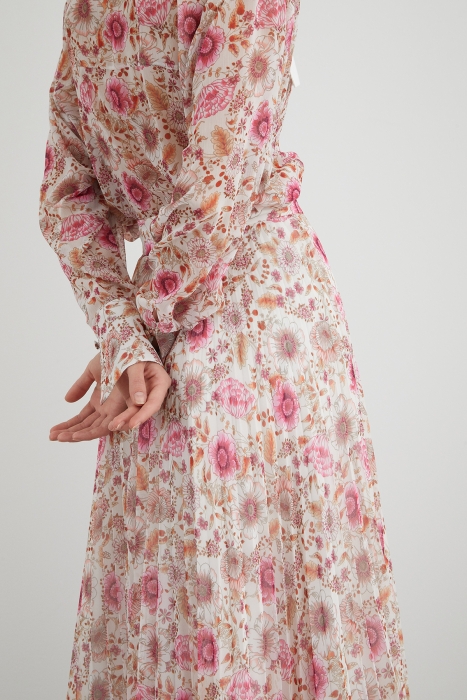 Gizia Long Floral Chiffon Ecru Skirt. 4