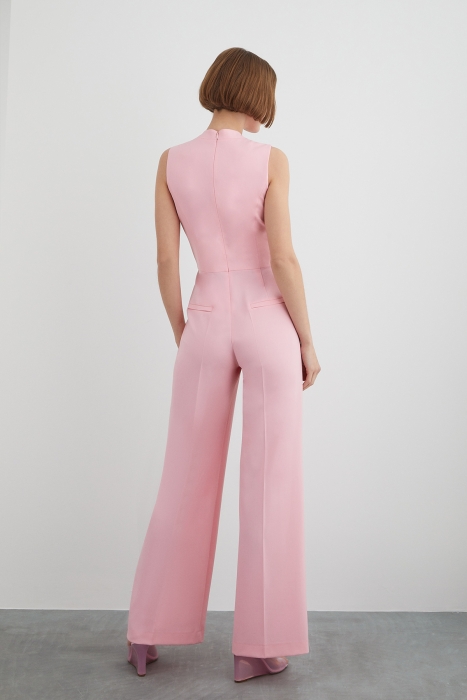 Gizia Sleeveless Pink Long Jumpsuit With Pearl And Gold Detail Buttons. 3