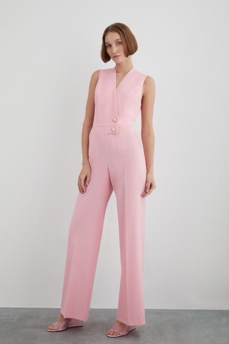 Gizia Sleeveless Pink Long Jumpsuit With Pearl And Gold Detail Buttons. 1