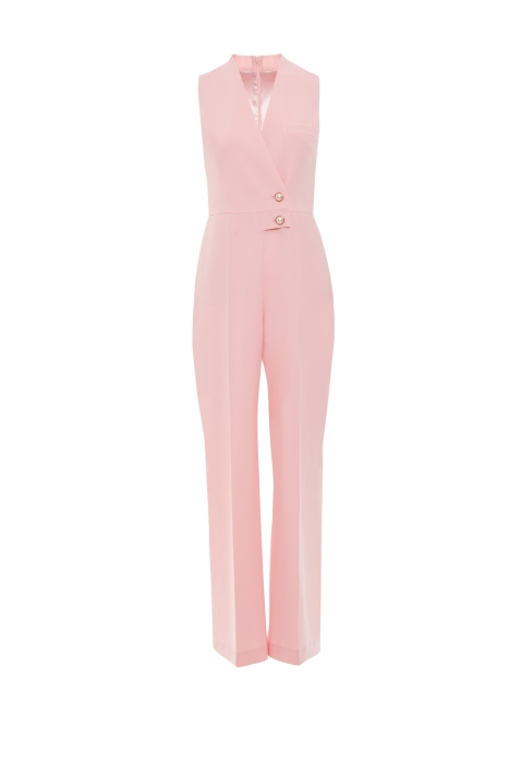 Gizia Sleeveless Pink Long Jumpsuit With Pearl And Gold Detail Buttons. 4