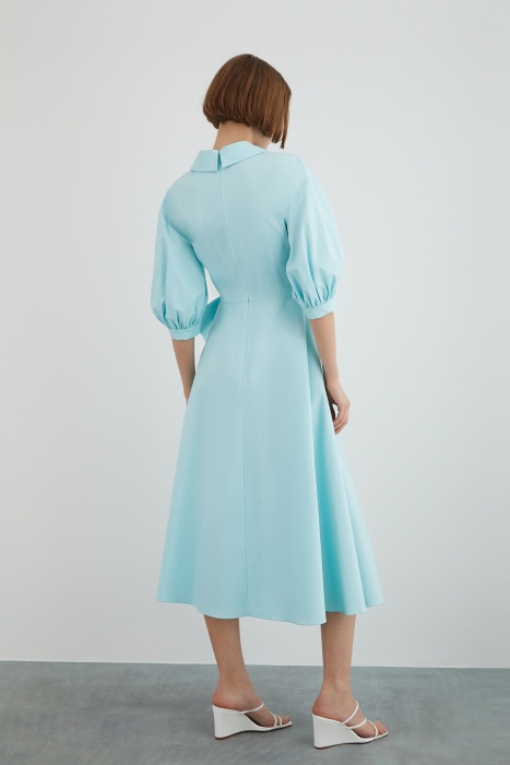 Gizia Mint Green Dress With Gold Buttons With Half Bow Detail With Shirring Sleeves. 4