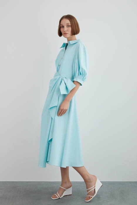 Gizia Mint Green Dress With Gold Buttons With Half Bow Detail With Shirring Sleeves. 3