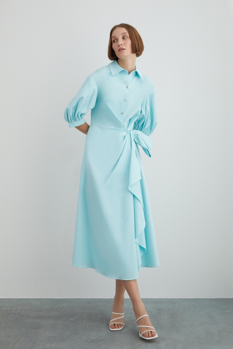 Gizia Mint Green Dress With Gold Buttons With Half Bow Detail With Shirring Sleeves. 1