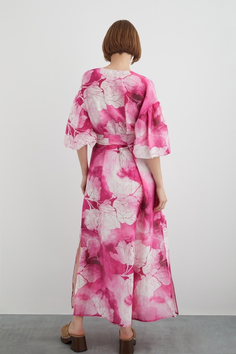 Gizia Floral Pink Dress With Halterneck Lace-up Sleeve Detail Belt. 4