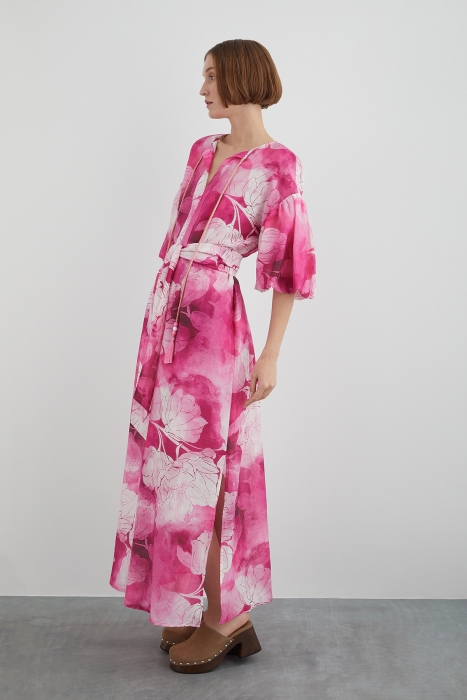 Gizia Floral Pink Dress With Halterneck Lace-up Sleeve Detail Belt. 1