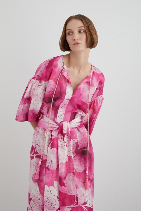 Gizia Floral Pink Dress With Halterneck Lace-up Sleeve Detail Belt. 3