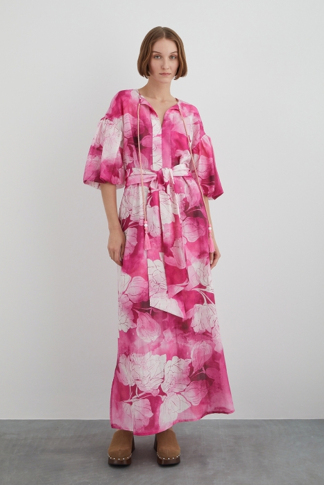 Gizia Floral Pink Dress With Halterneck Lace-up Sleeve Detail Belt. 2