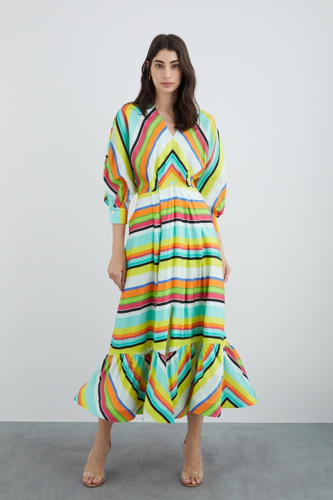 Gizia Belted Striped Dress With Ruffle Detail on the Cuff, Tied Back. 1