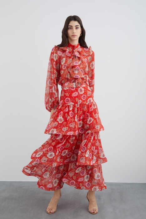 Gizia Floral Chiffon Red Skirt With Ruffled Flywheel. 1
