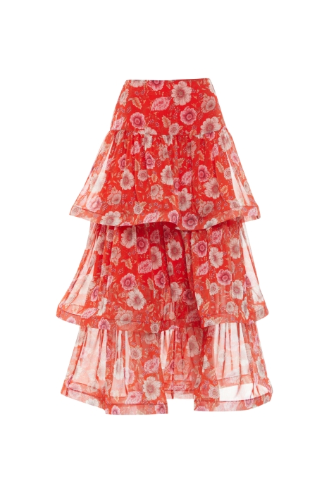 Gizia Floral Chiffon Red Skirt With Ruffled Flywheel. 5